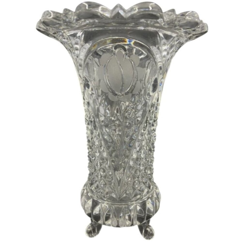 Vintage Clear Crystal Cut Glass Vase Floral Etching & Scalloped Edge Footed Base